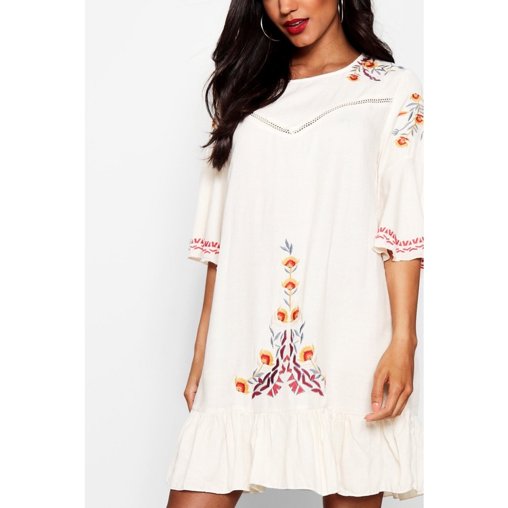 Boohoo Embroidered Flared Sleeve Shift Dress